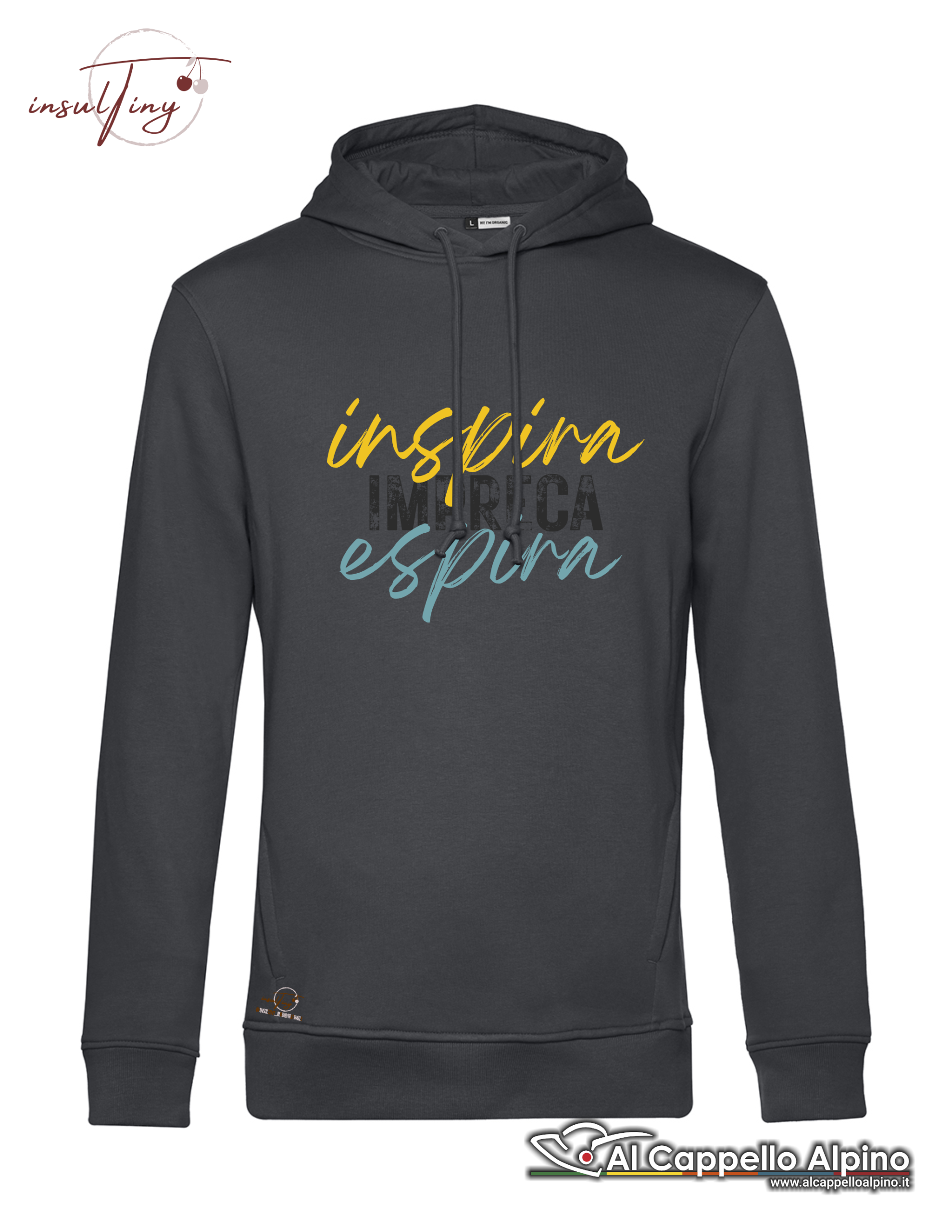 Felpa InsulTiny Inspira Impreca Espira unisex, 80/20% cotone organico poliestere, 280 gr, cappuccio, tasche nascoste - immagine 2