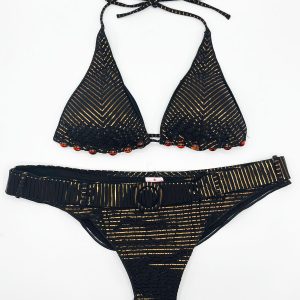 BIKINI TRIANGOLO IMBOTTITO PERLE SLIP CULOTTE CON CINTURA SEERSUCKER
