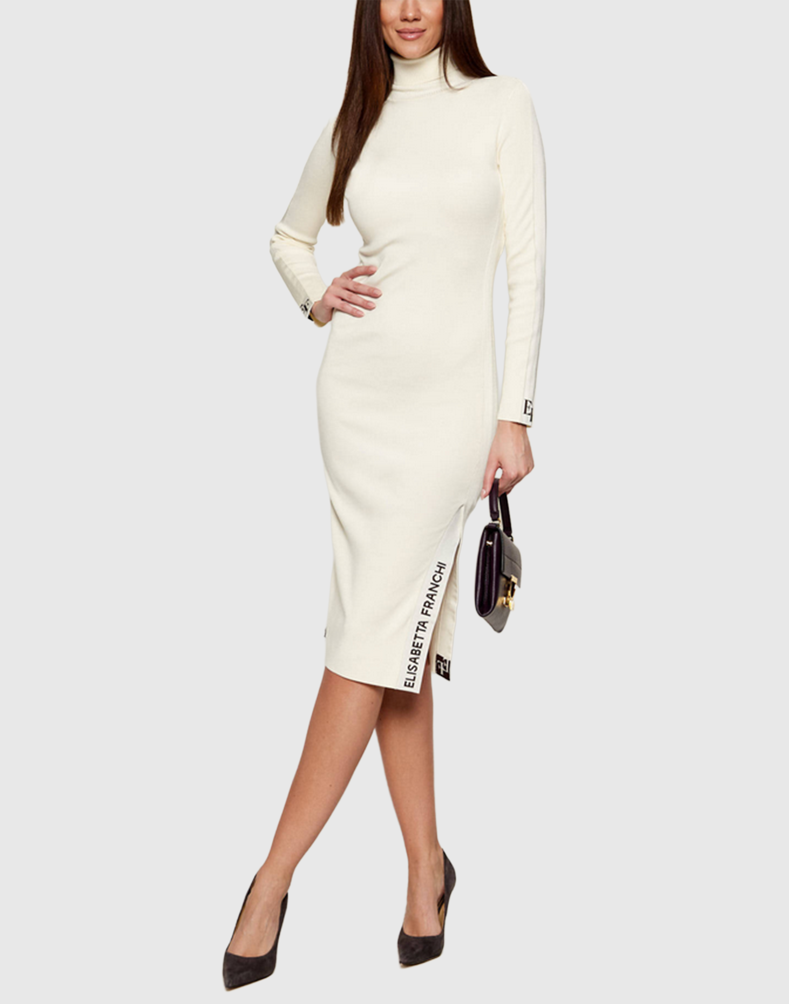 <b>ELISABETTA FRANCHI</b> Abito in viscosa con bande lucide colore MILK/COFFEE - immagine 2