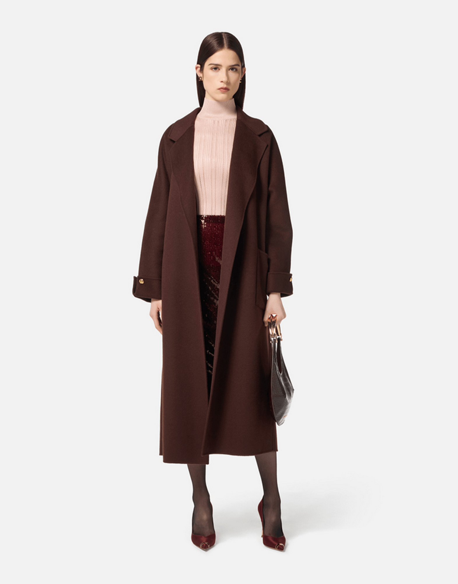 <b>ELISABETTA FRANCHI</b> Cappotto in panno di misto lana double colore COFFEE - immagine 3