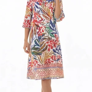 Abito Midi con Stampa Tropicale e Bordo Etnico Charmline