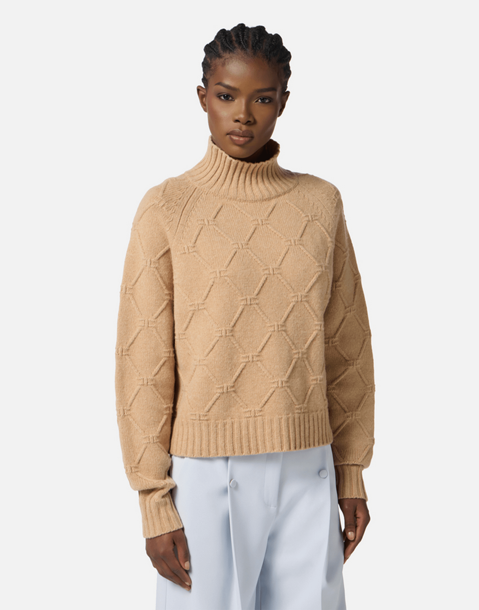 <b>ELISABETTA FRANCHI</b> Pullover in maglia con losanghe jacquard colore HONEY - immagine 3