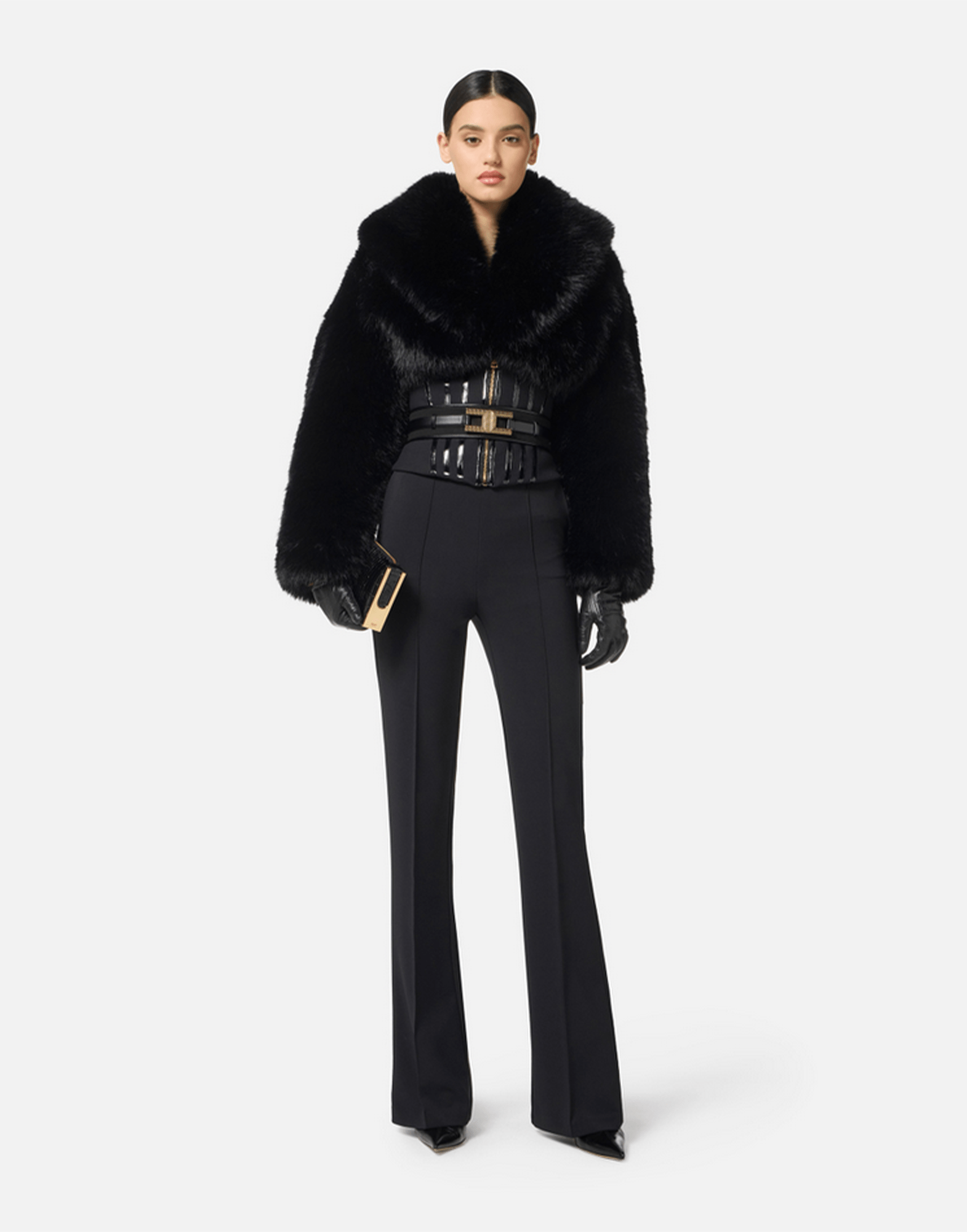 <b>ELISABETTA FRANCHI</b> Pantaloni in crêpe leggero con catena gioiello colore NERO - immagine 3