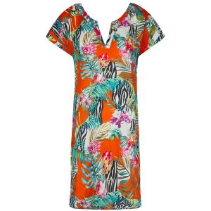 Caftano corto arancio in fantasia tropicale Lise Charmel