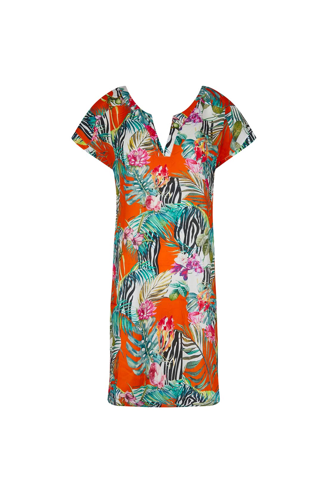 Caftano corto arancio in fantasia tropicale Lise Charmel