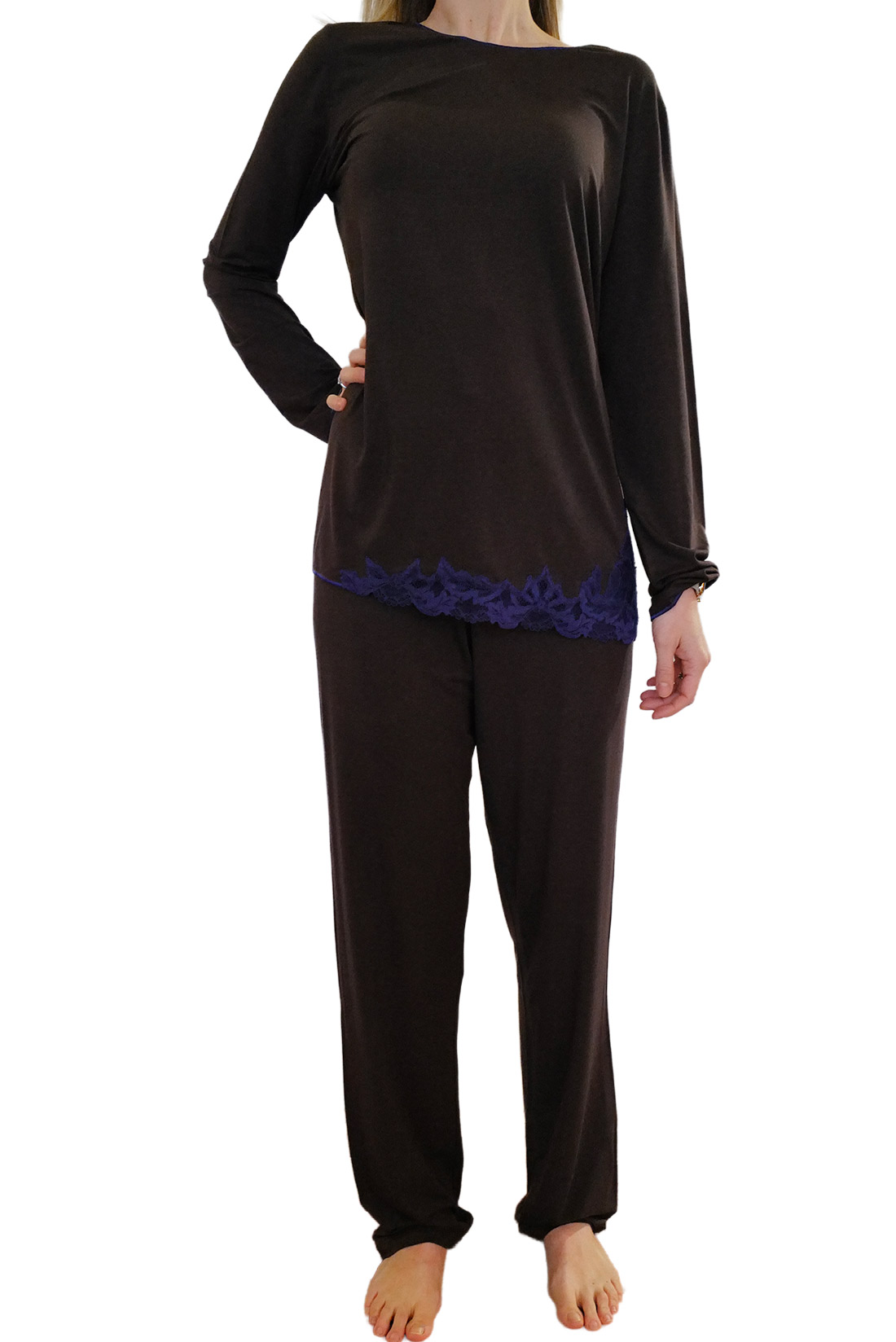 Pigiama Donna Modal Marrone Pizzo Viola – Paladini