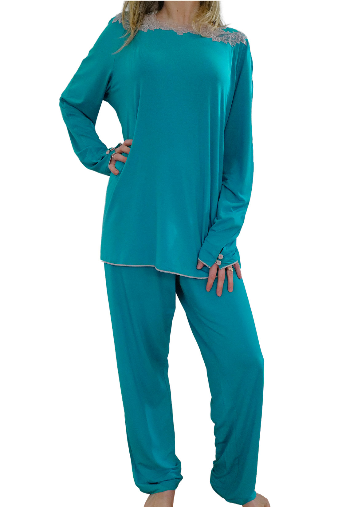 Pigiama Donna Modal Turchese con Pizzo – Paladini