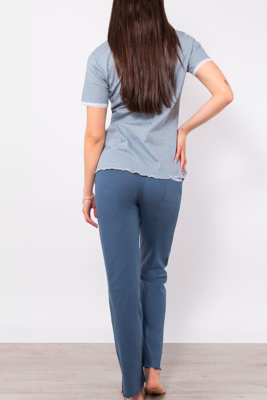 Pigiama a serafino in fantasia vichy blu Verdissima - immagine 3