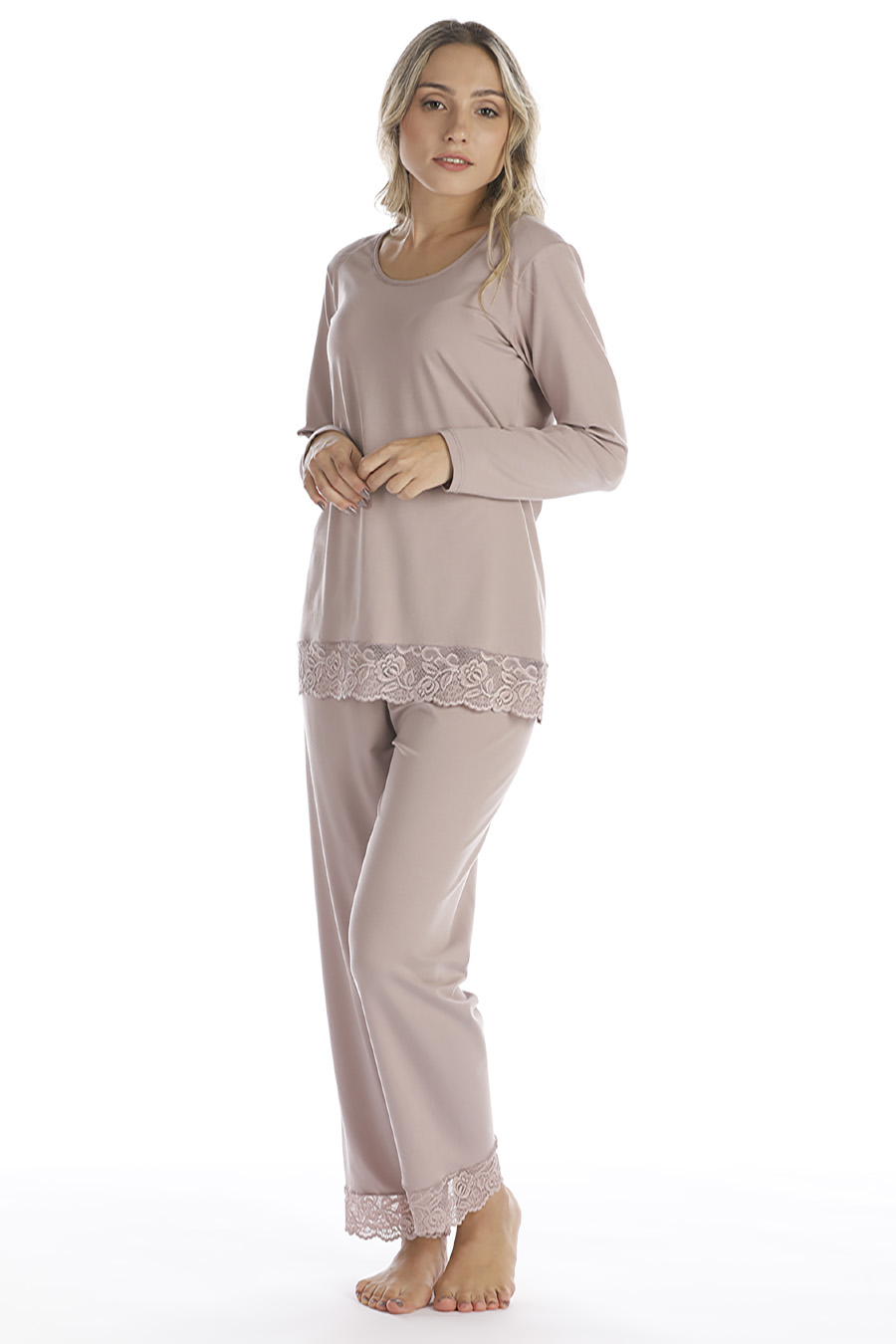 Pigiama lungo in cotone modal e pizzo - immagine 8