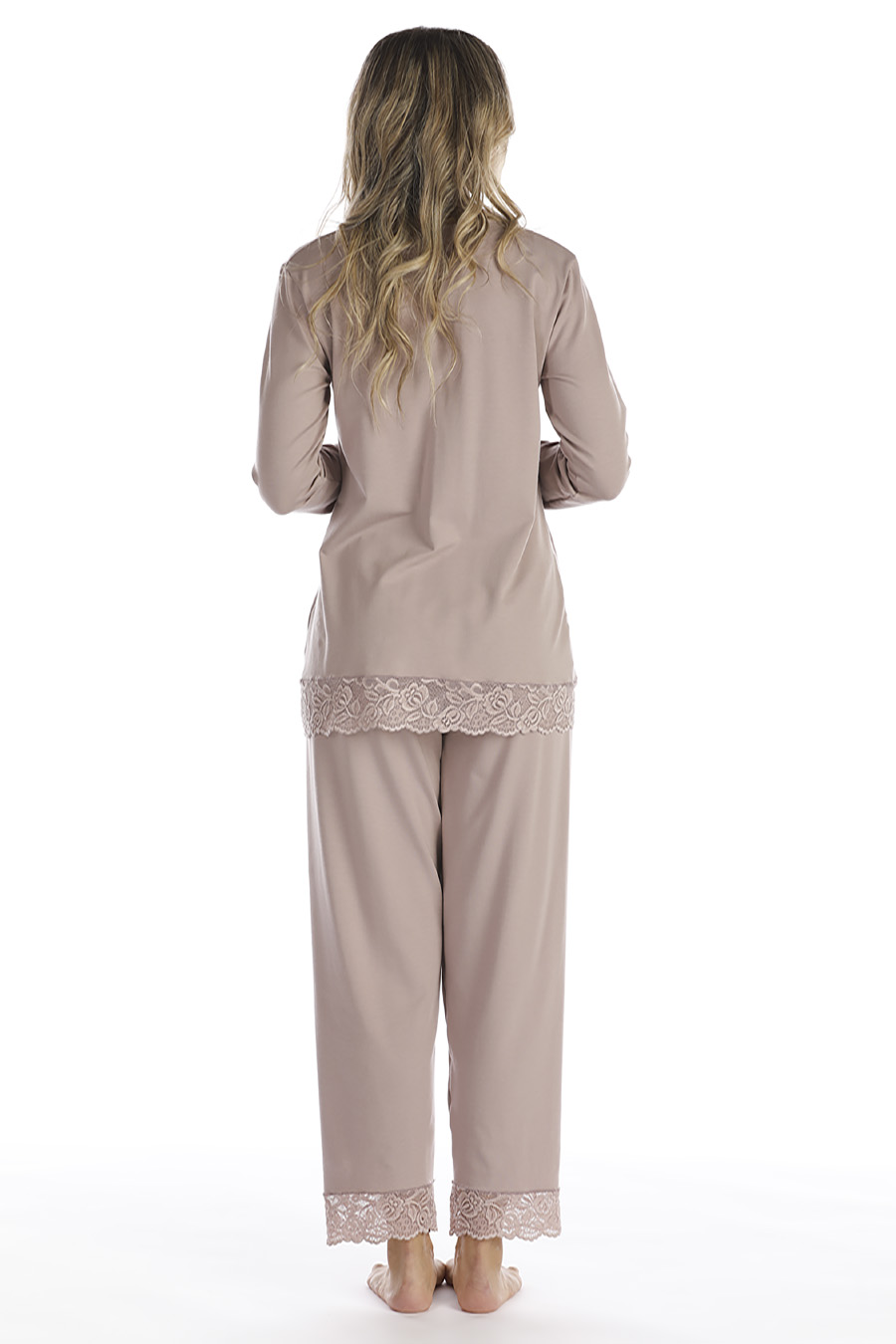 Pigiama lungo in cotone modal e pizzo - immagine 6