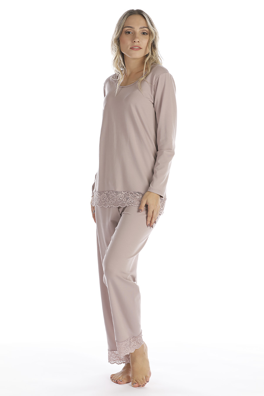 Pigiama lungo in cotone modal e pizzo - immagine 7